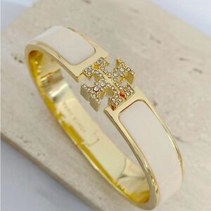 Tory Burch Gold and Beige Enamel Crystal Logo Bangle